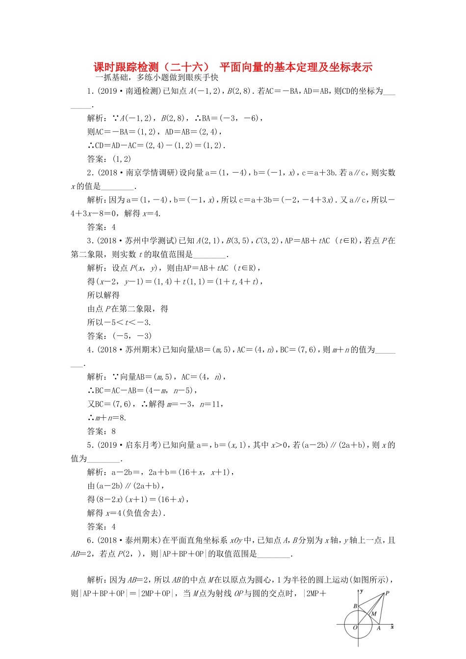 高考数学一轮复习 课时跟踪检测（二十六）平面向量的基本定理及坐标表示 理（含解析）苏教版-苏教版高三数学试题_第1页