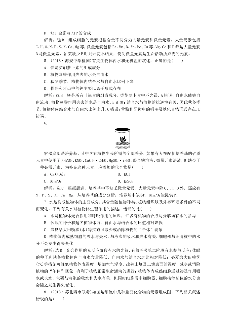 高考生物一轮复习 第一部分 分子与细胞 第一单元 细胞及其分子组成 课时跟踪检测（二）组成细胞的元素及无机化合物-人教版高三生物试题_第2页