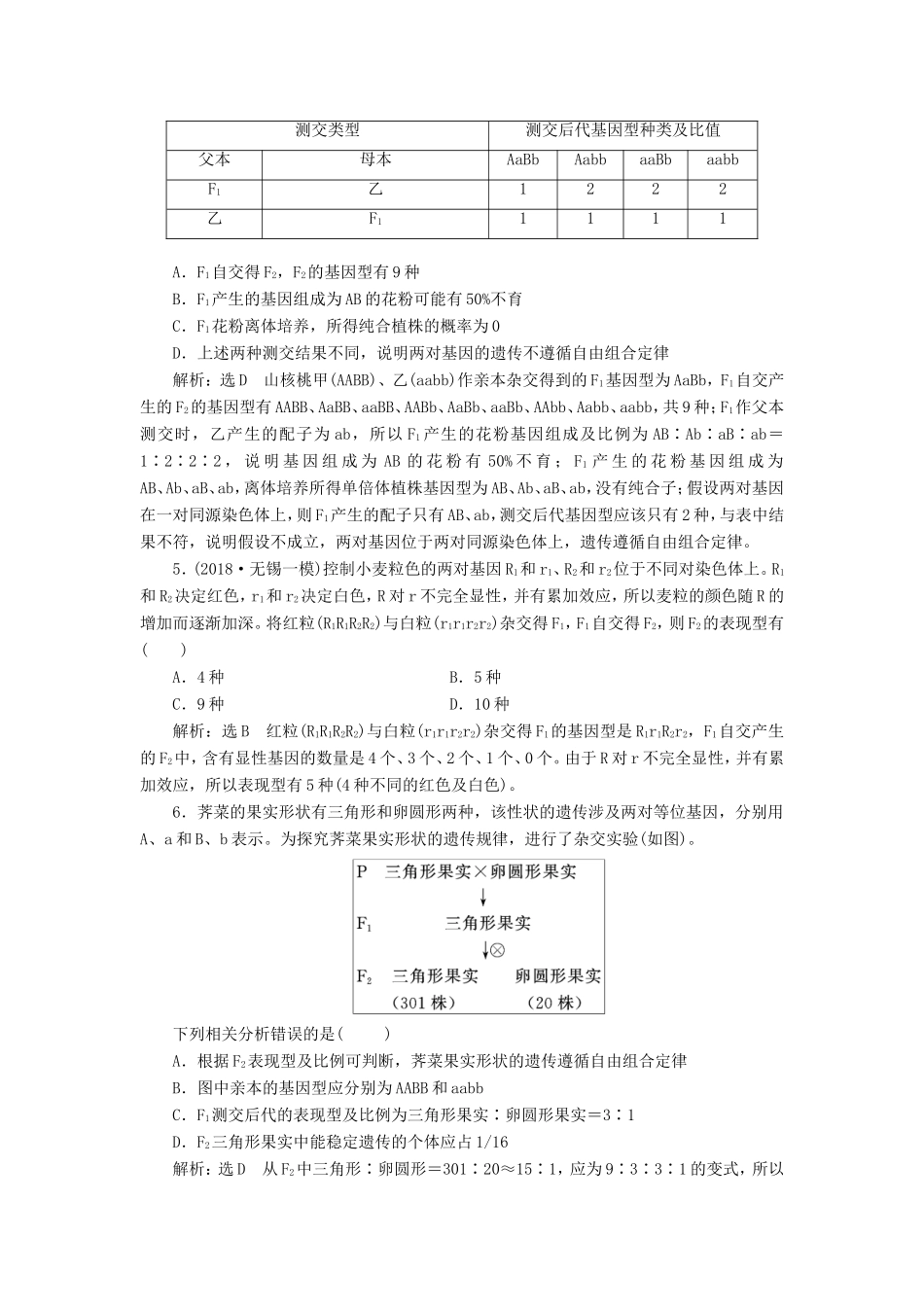 高考生物一轮复习 第一单元 遗传定律和伴性遗传 课时跟踪检测（十八）基因的自由组合定律异常分离比问题及有关实验探究 必修2-人教版高三必修2生物试题_第2页