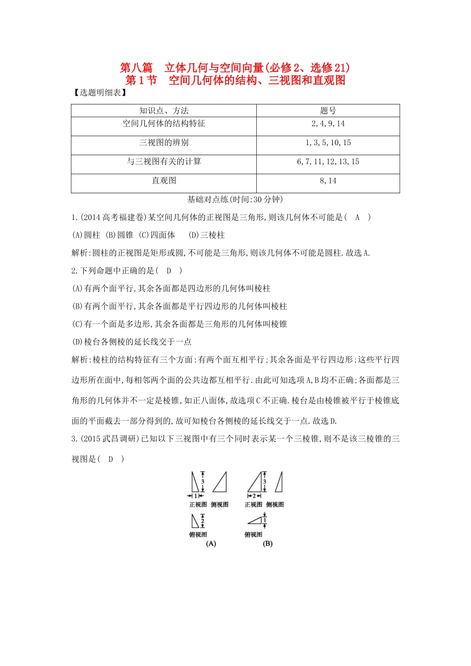 （普通班）高三数学一轮复习 第八篇 立体几何与空间向量 第1节 空间几何体的结构、三视图和直观图基础对点练 理-人教版高三全册数学试题_第1页