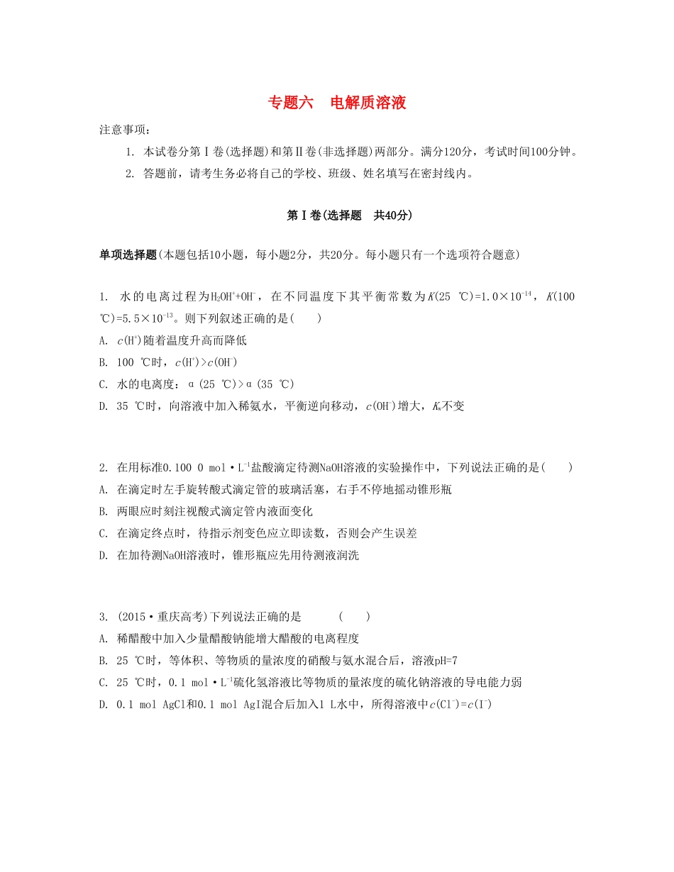高考化学一轮复习 专题六 电解质溶液单元检测卷-人教版高三化学试题_第1页