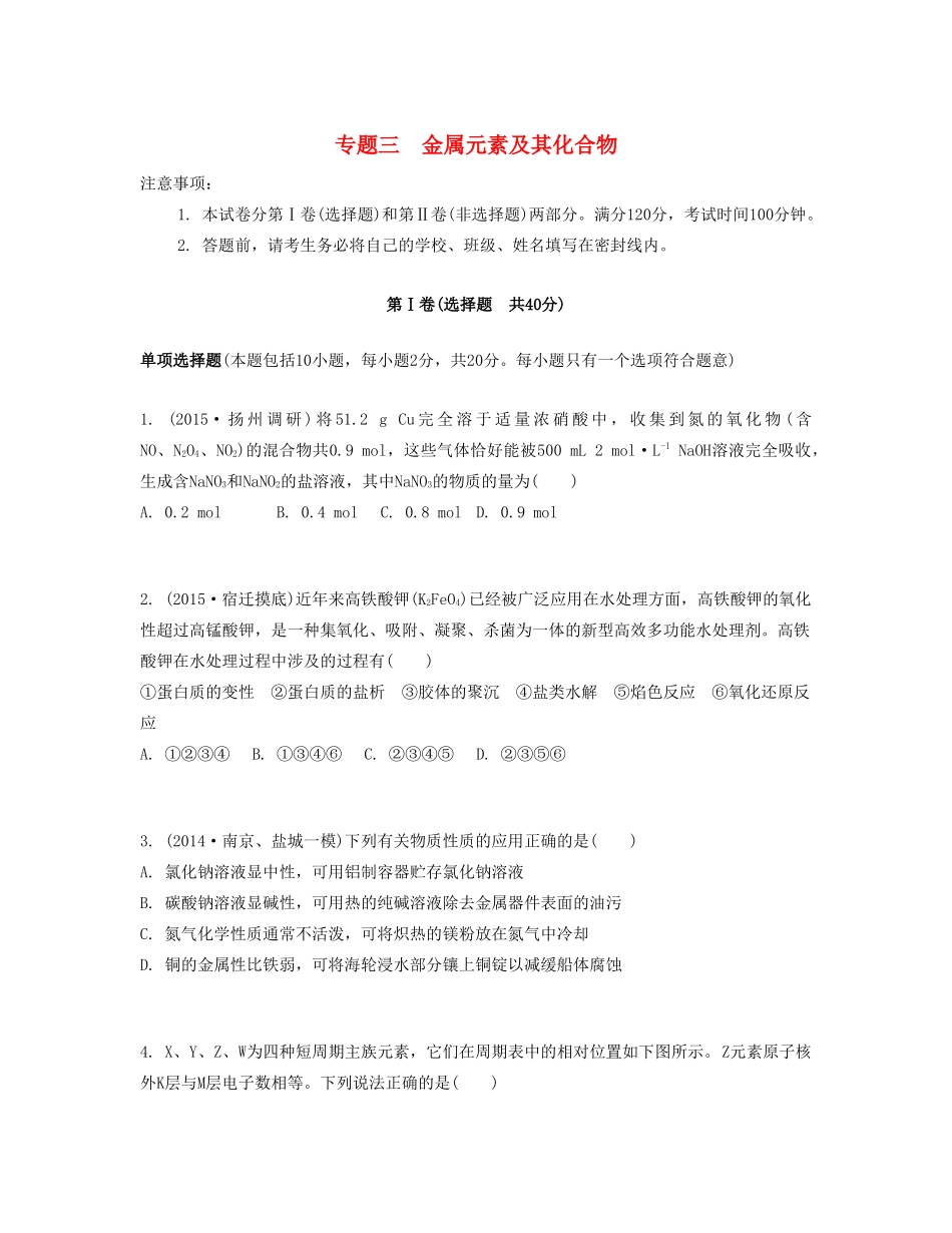 高考化学一轮复习 专题三 金属元素及其化合物单元检测卷-人教版高三化学试题_第1页