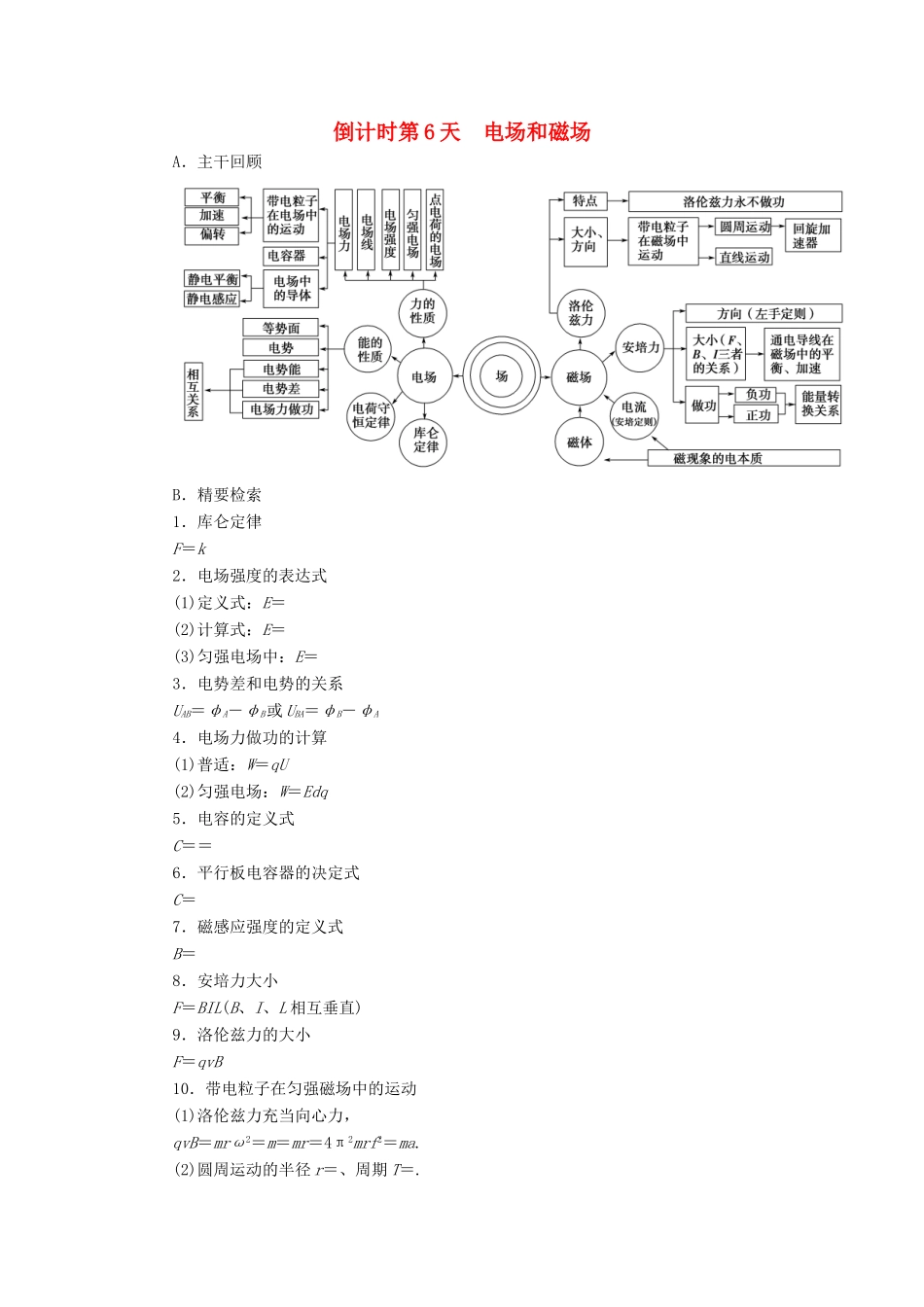 高考物理二轮复习 第2部分 考前回扣篇 倒计时第6天 电场和磁场检测-人教版高三物理试题_第1页