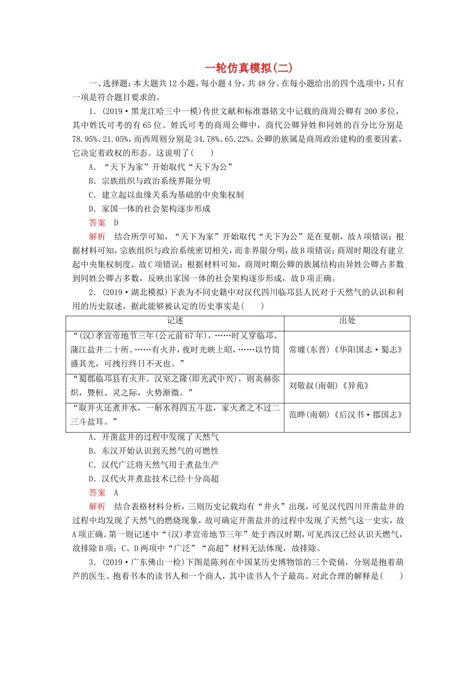 高考历史 一轮仿真模拟（二）（含解析）-人教版高三全册历史试题_第1页