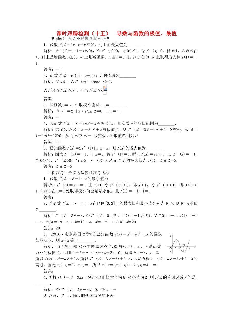 （江苏专用）高三数学一轮总复习 第三章 导数及其应用 第二节 导数的应用 第二课时 导数与函数的极值、最值课时跟踪检测 文-人教高三数学试题_第1页