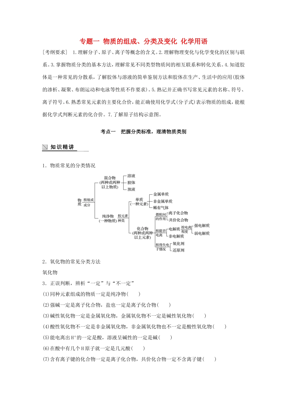 （江苏专用）高考化学大二轮总复习 专题一 物质的组成、分类及变化 化学用语讲练-人教版高三全册化学试题_第1页