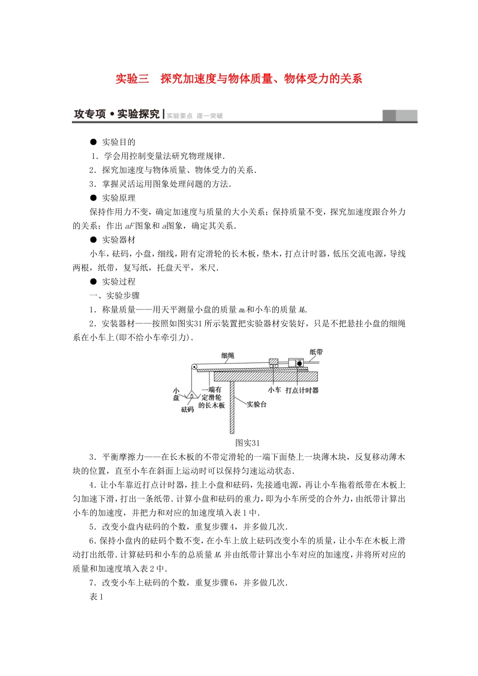 （江苏专用）高三物理一轮复习 必考部分 第3章 牛顿运动定律 实验3 探究加速度与物体质量、物体受力的关系教师用书-人教高三物理试题_第1页