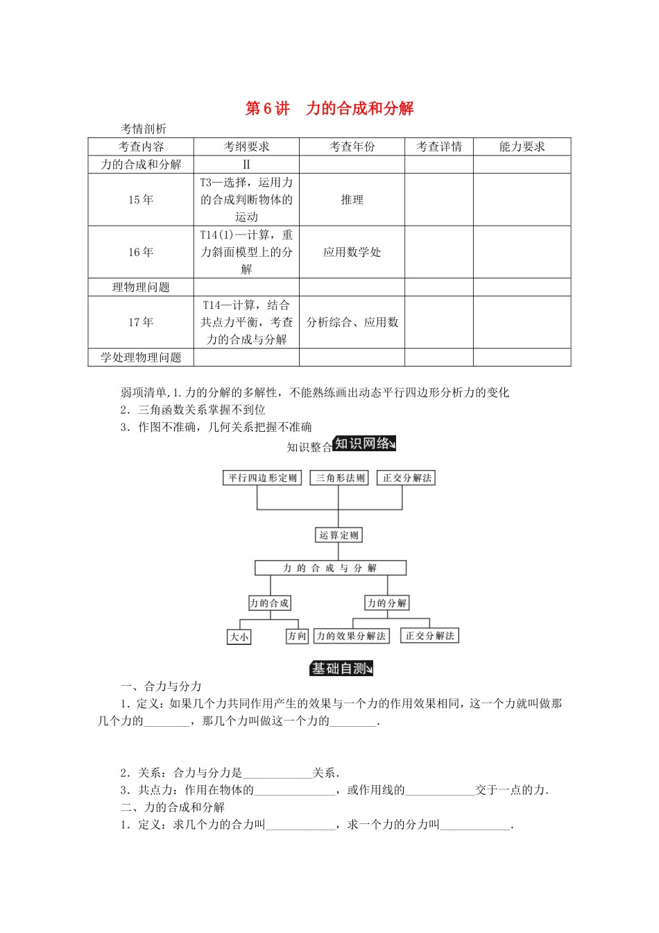 高考物理总复习 第6讲 力的合成和分解讲义-人教版高三物理试题_第1页