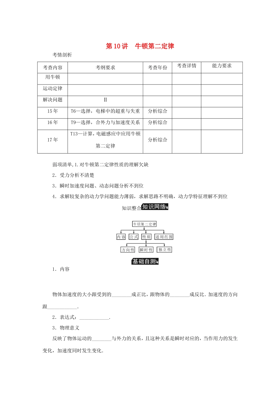 高考物理总复习 第10讲 牛顿第二定律讲义-人教版高三物理试题_第1页