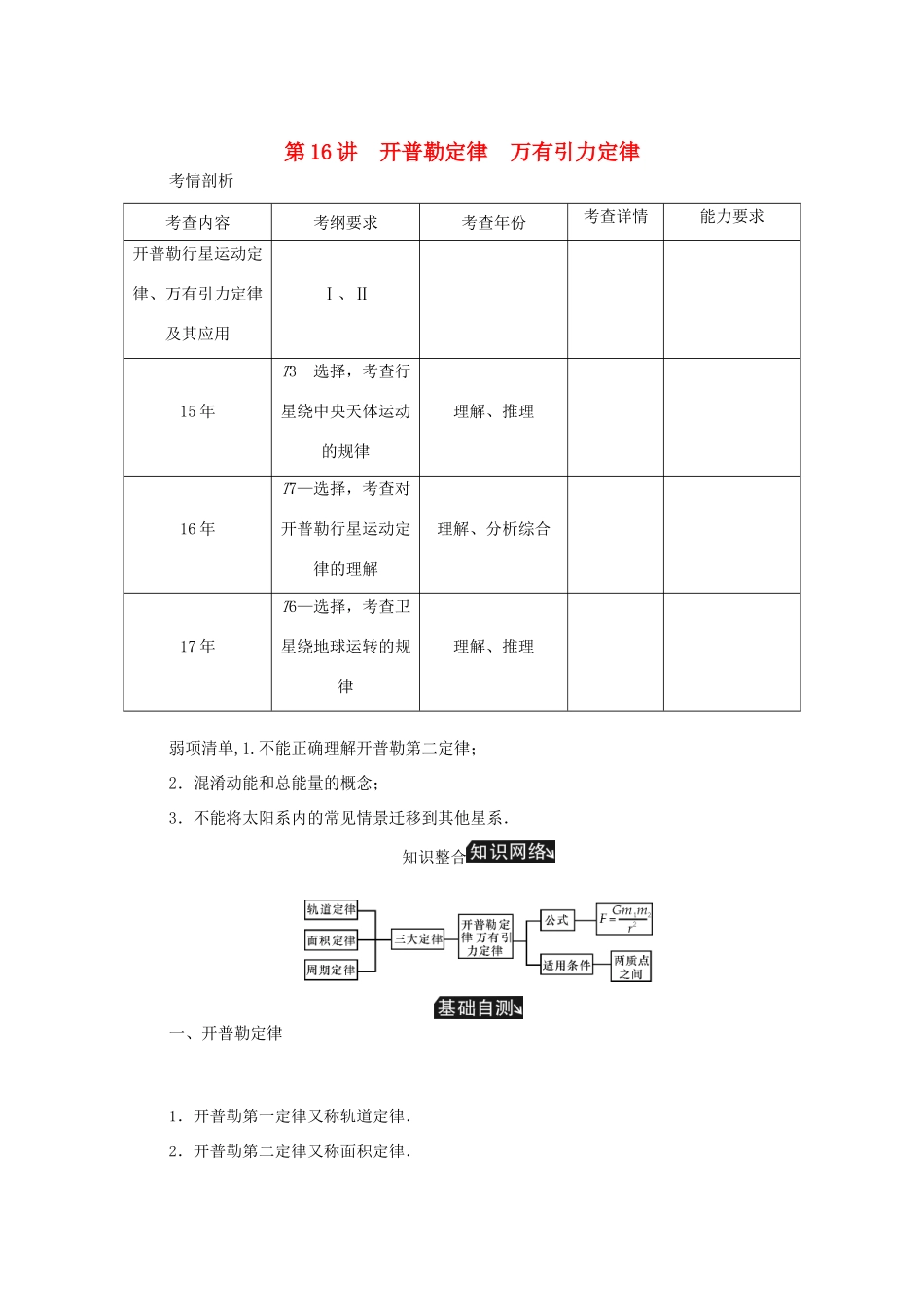高考物理总复习 第16讲 开普勒定律万有引力定律讲义-人教版高三物理试题_第1页