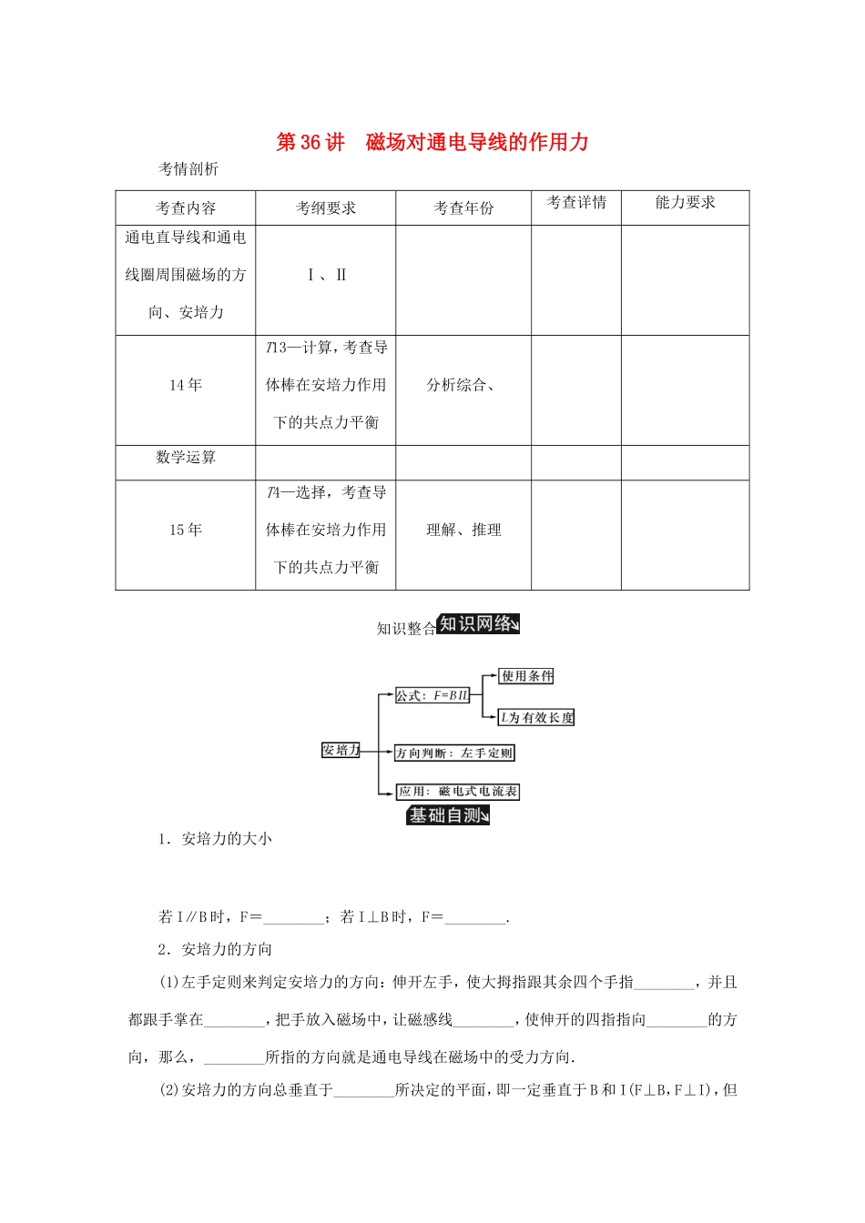 高考物理总复习 第36讲 磁场对通电导线的作用力讲义-人教版高三物理试题_第1页