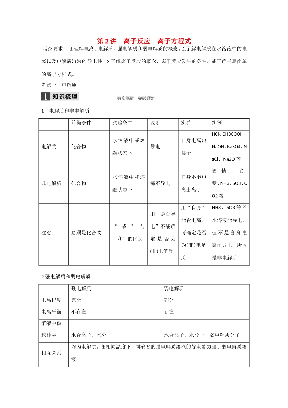（江苏专用）高考化学大一轮总复习讲义 第二章 第2讲 离子反应、离子方程式 新人教版-新人教版高三全册化学试题_第1页