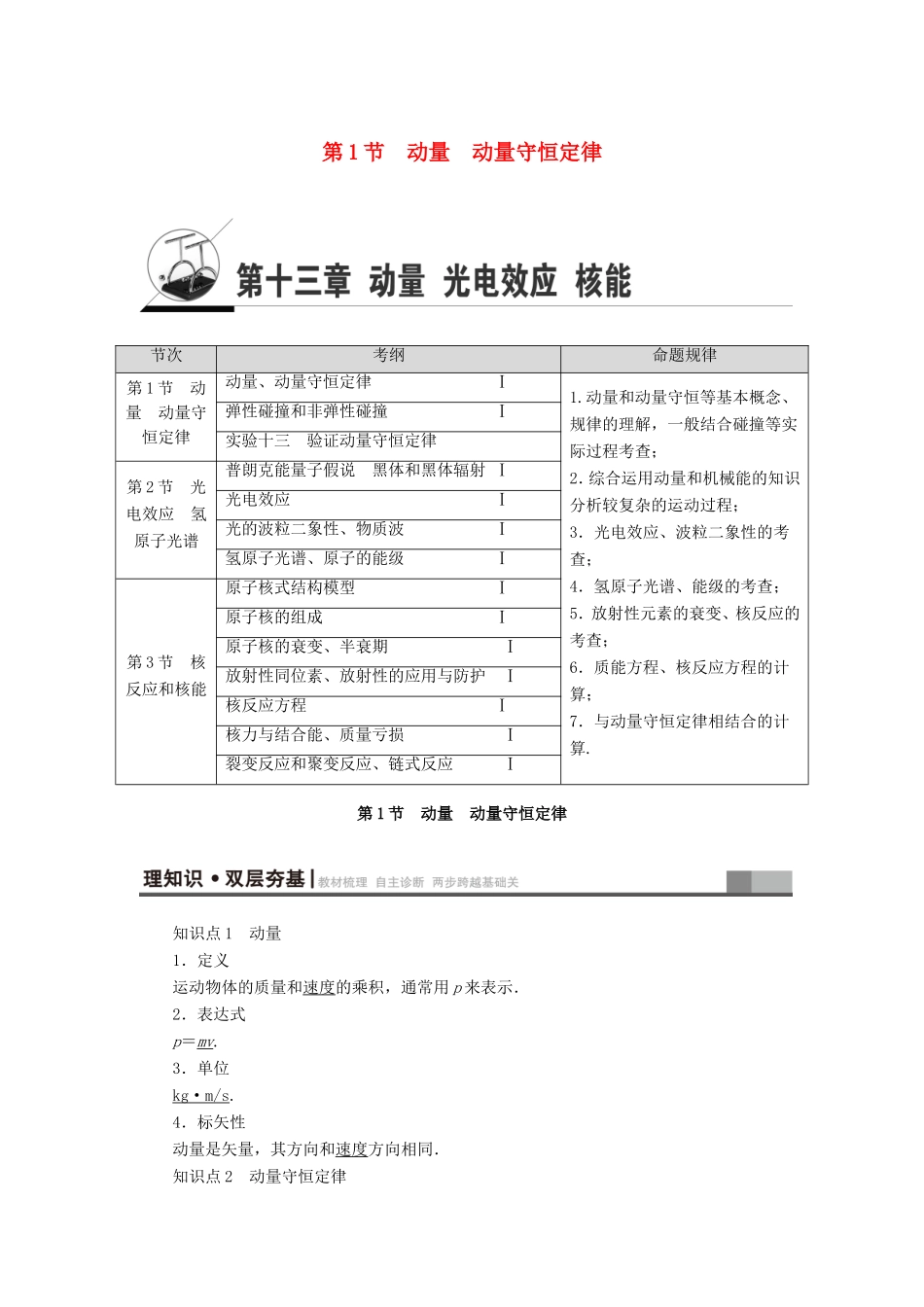 （江苏专用）高三物理一轮复习 选考部分 第13章 动量 光电效应 核能 第1节 动量 动量守恒定律教师用书-人教版高三全册物理试题_第1页