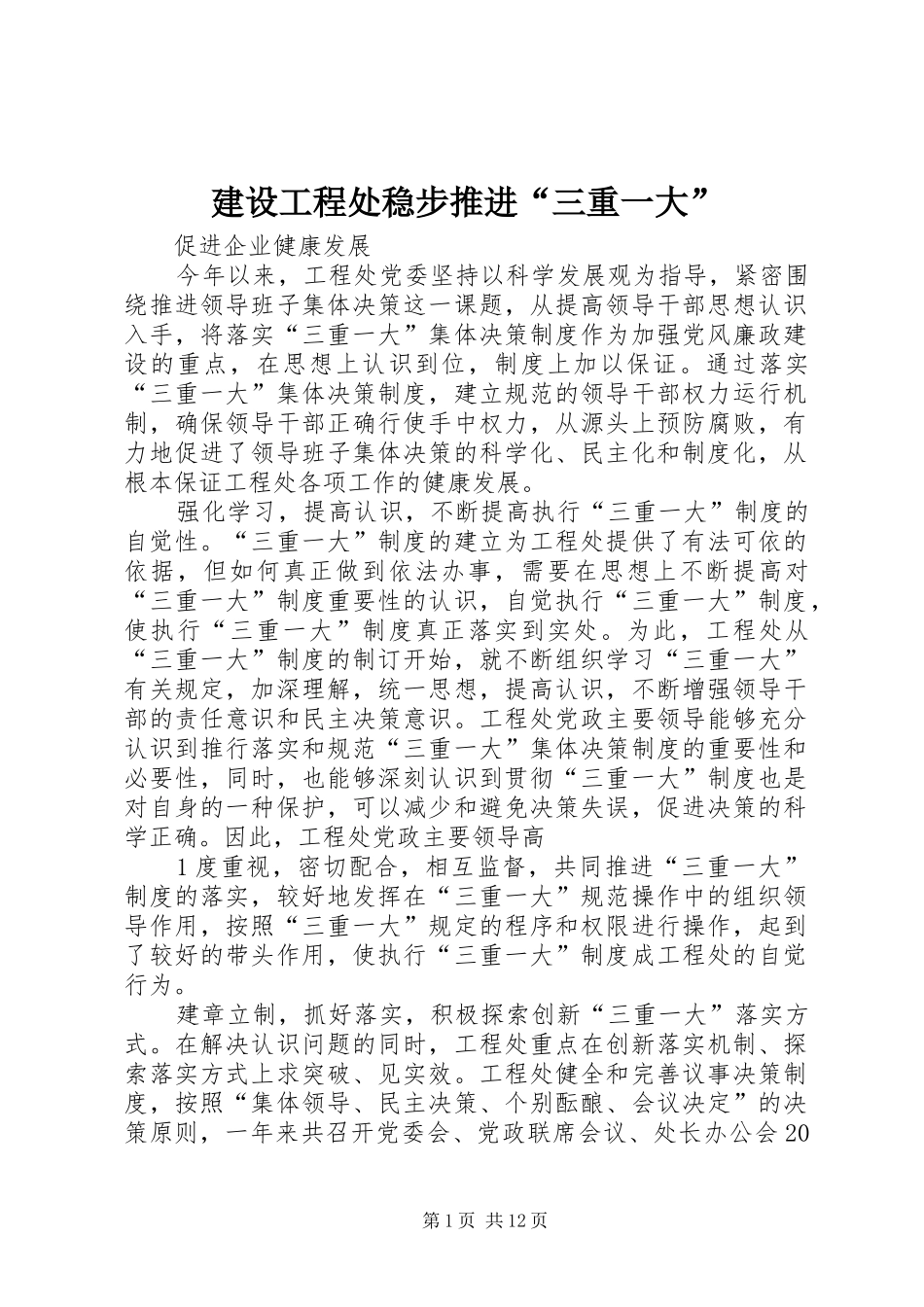 2024年建设工程处稳步推进三重一大_第1页