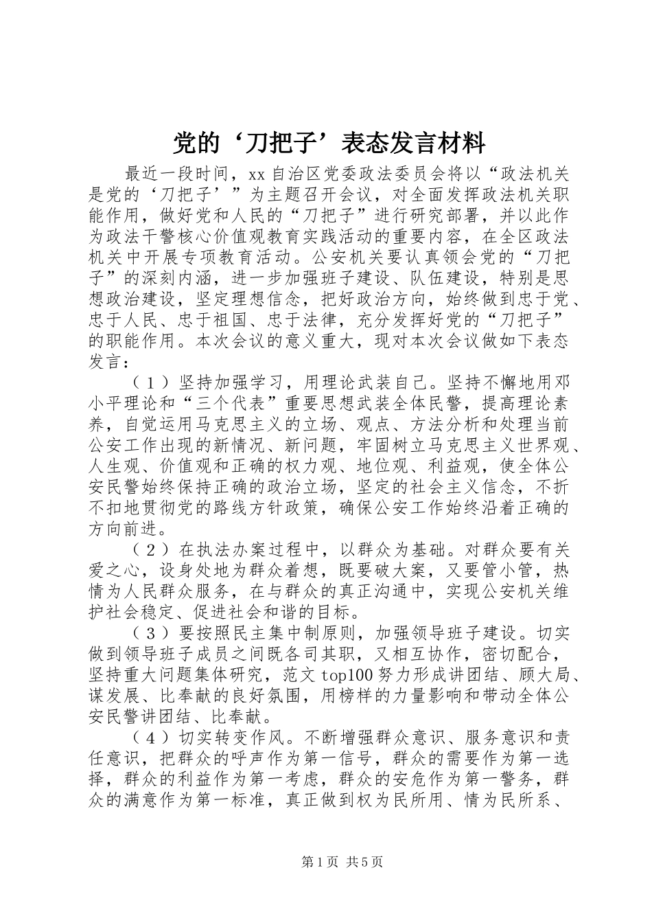 2024年党的刀把子表态讲话材料_第1页