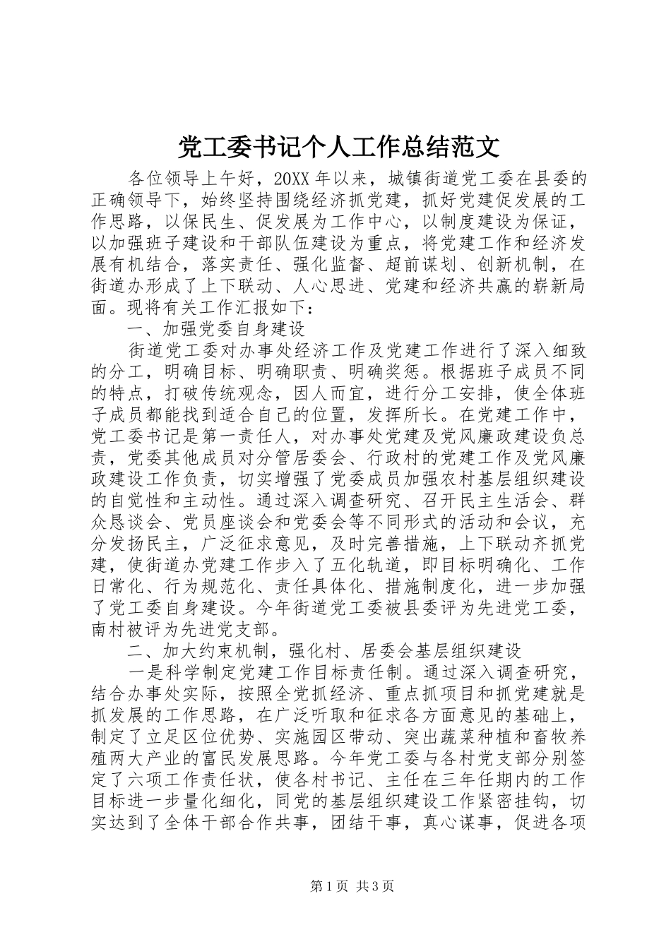 2024年党工委书记个人工作总结范文_第1页