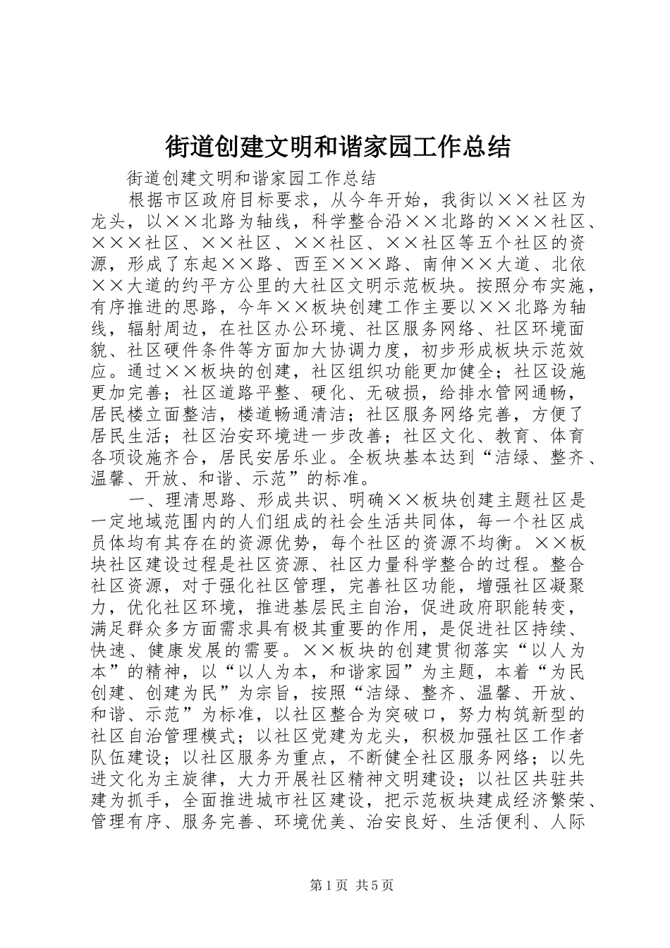 2024年街道创建文明和谐家园工作总结_第1页