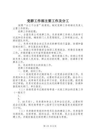 2024年党群工作部主要工作及分工