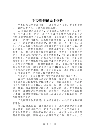 2024年党委副书记民主评价