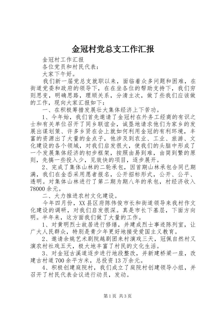 2024年金冠村党总支工作汇报_第1页
