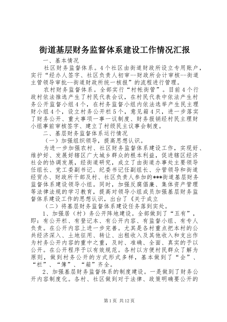 2024年街道基层财务监督体系建设工作情况汇报_第1页
