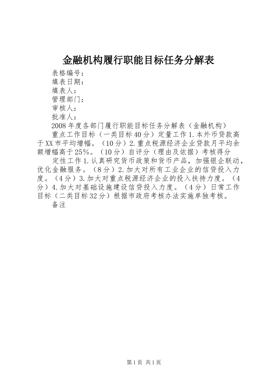 2024年金融机构履行职能目标任务分解表_第1页