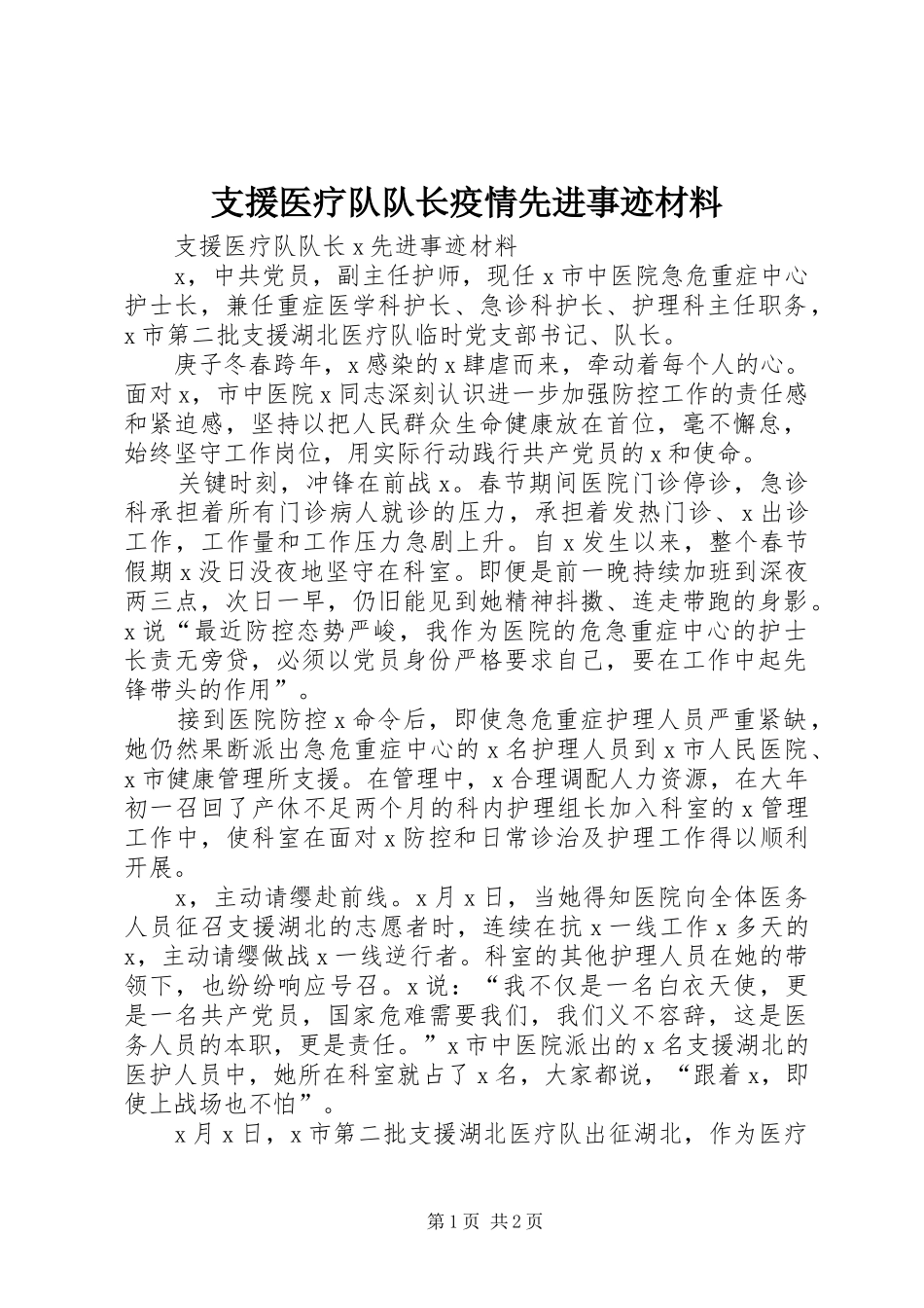 2024年支援医疗队队长疫情先进事迹材料_第1页