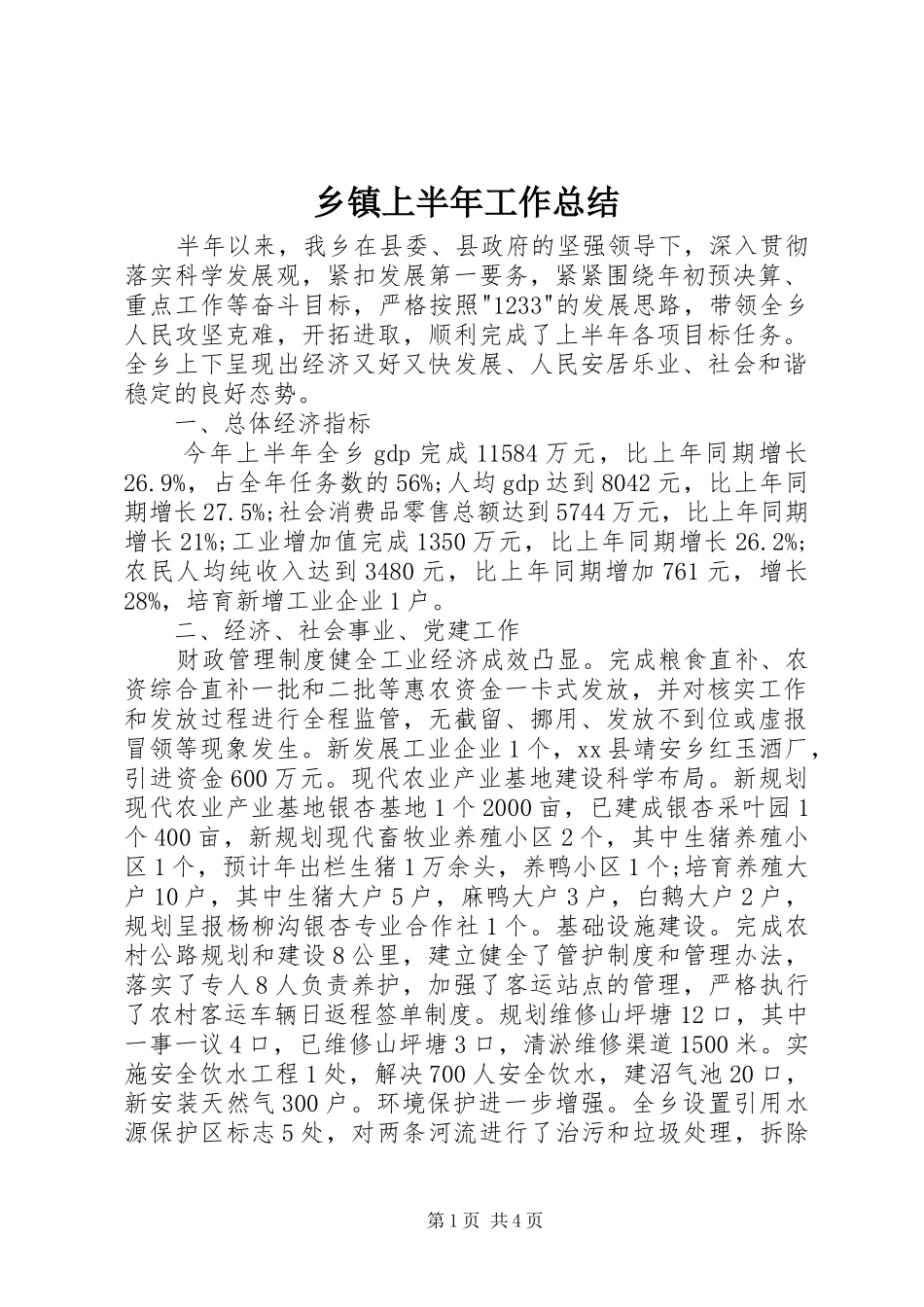 2024年乡镇上半年工作总结_第1页