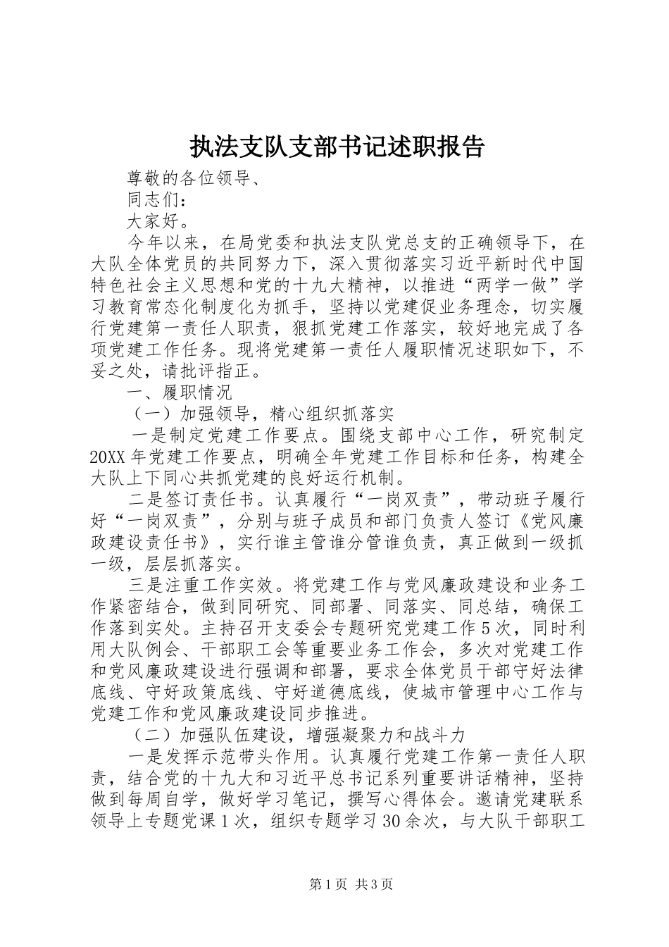 2024年执法支队支部书记述职报告_第1页