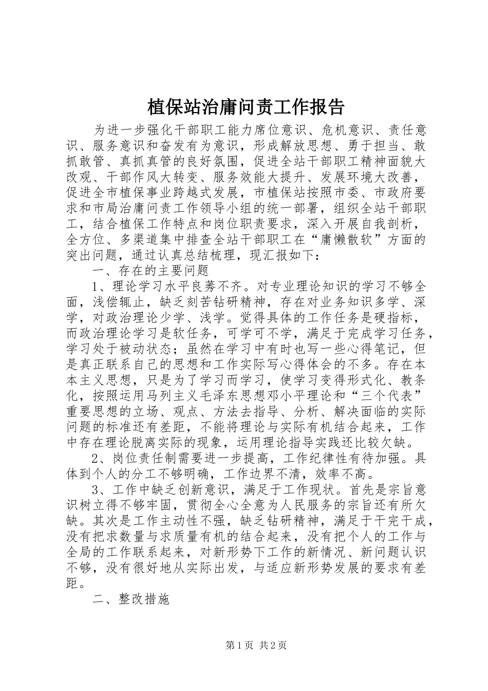 2024年植保站治庸问责工作报告_第1页