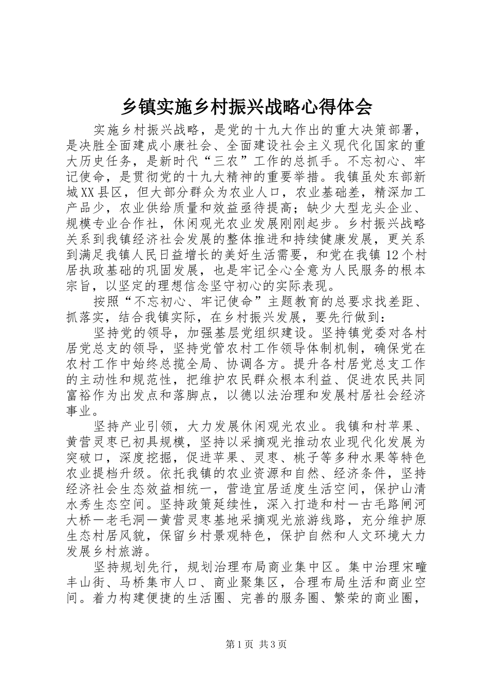 2024年乡镇实施乡村振兴战略心得体会_第1页