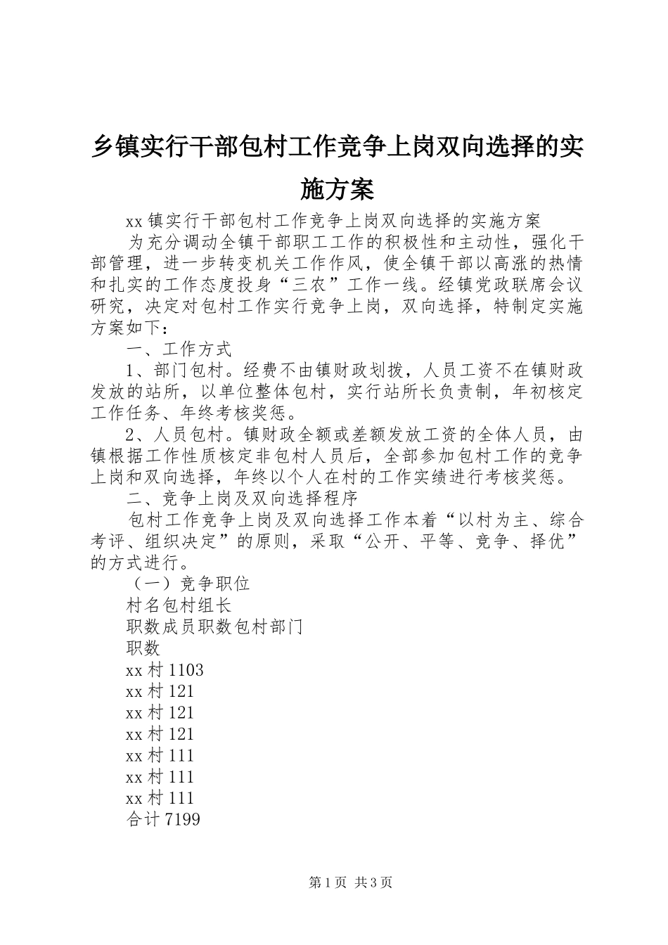 2024年乡镇实行干部包村工作竞争上岗双向选择的实施方案_第1页