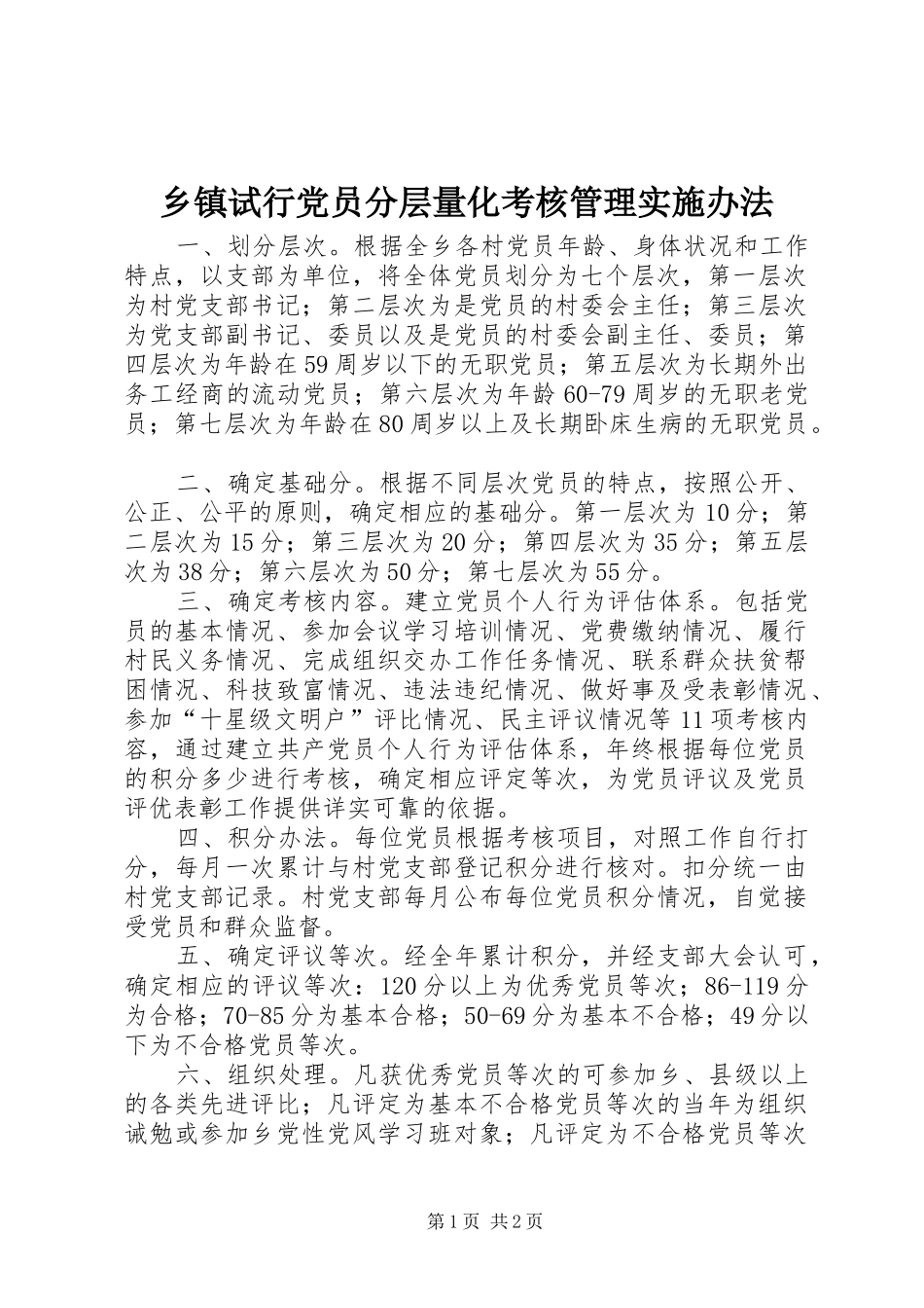 2024年乡镇试行党员分层量化考核管理实施办法_第1页