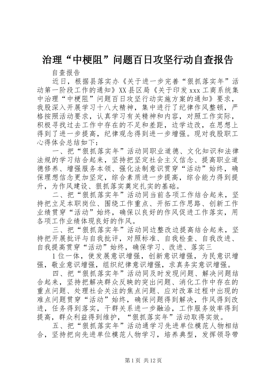 2024年治理中梗阻问题百日攻坚行动自查报告_第1页