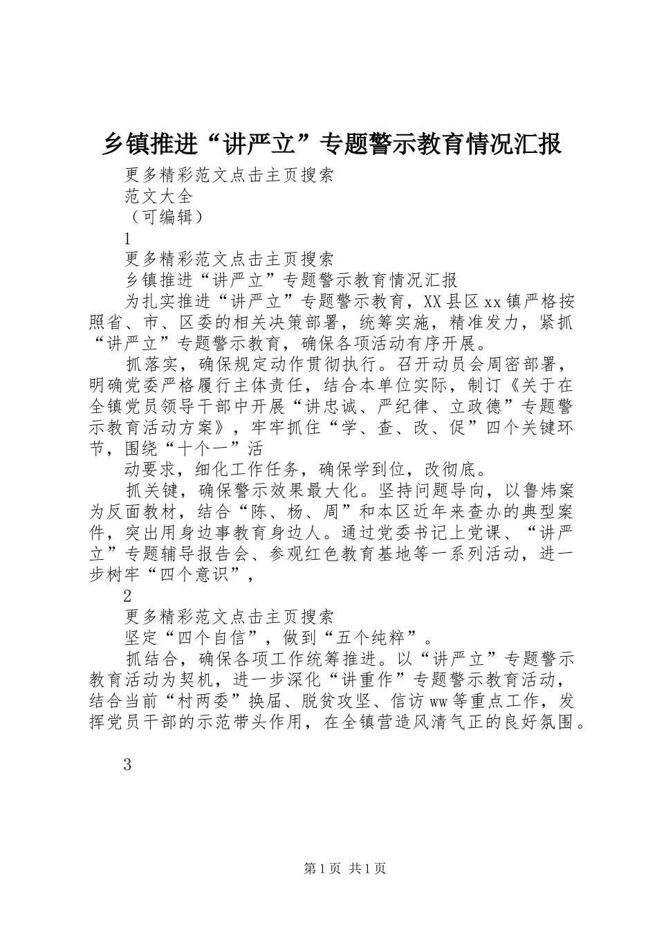 2024年乡镇推进讲严立专题警示教育情况汇报_第1页