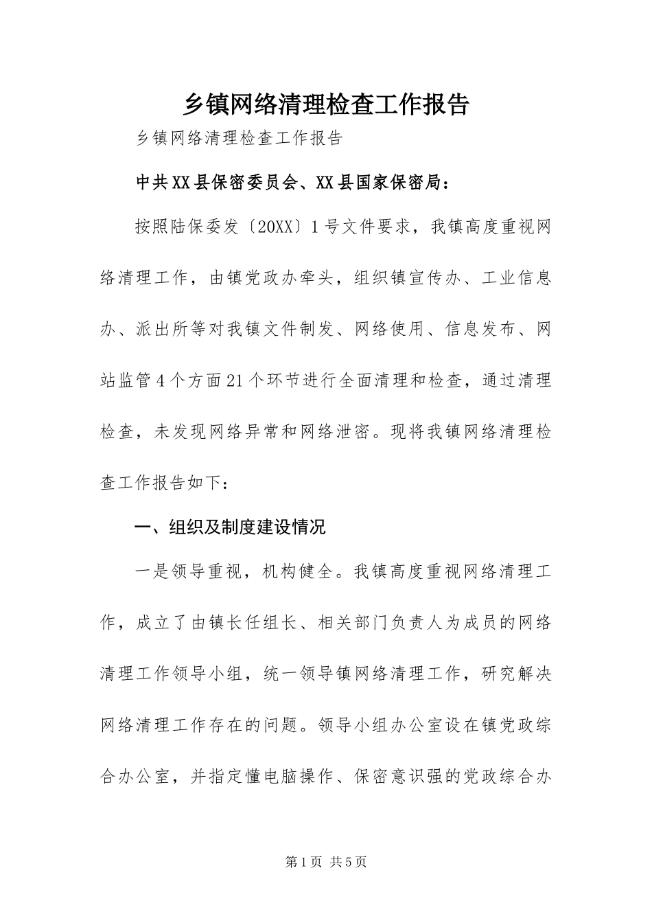 2024年乡镇网络清理检查工作报告_第1页