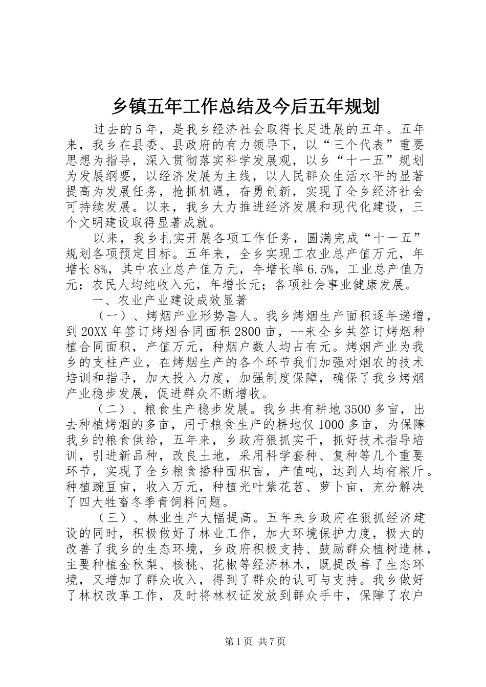 2024年乡镇五年工作总结及今后五年规划_第1页