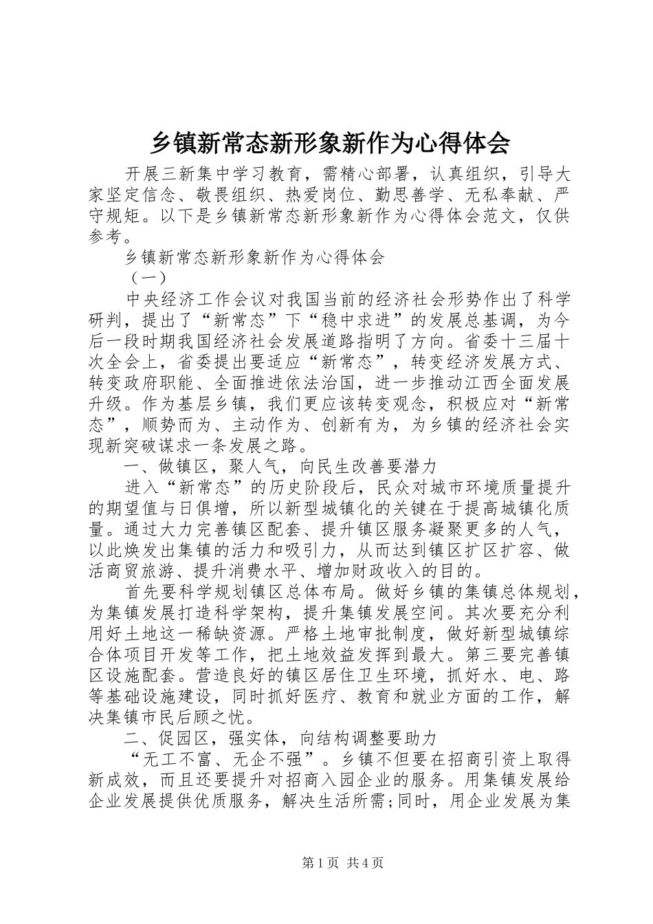 2024年乡镇新常态新形象新作为心得体会_第1页