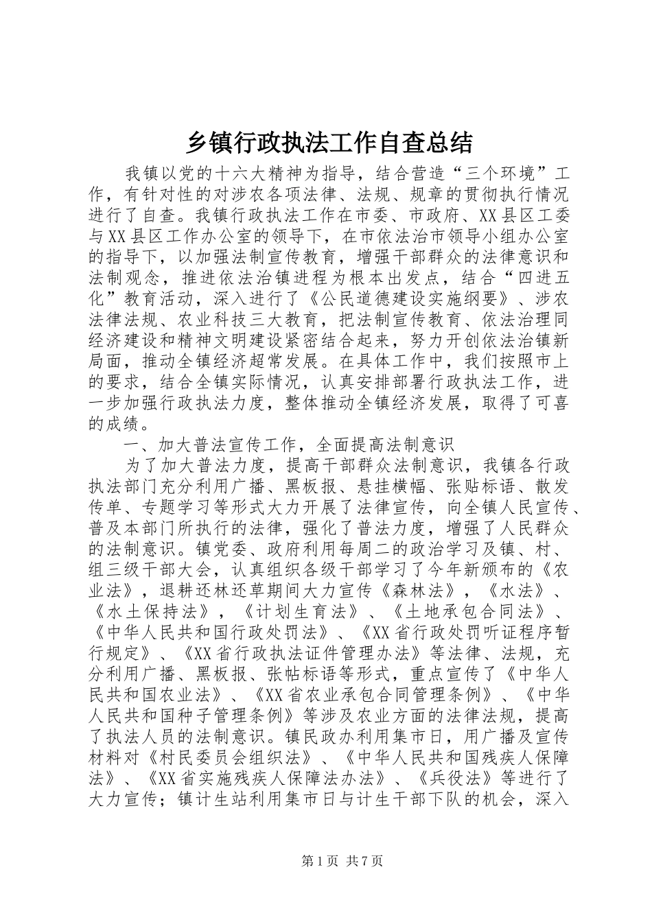 2024年乡镇行政执法工作自查总结_第1页