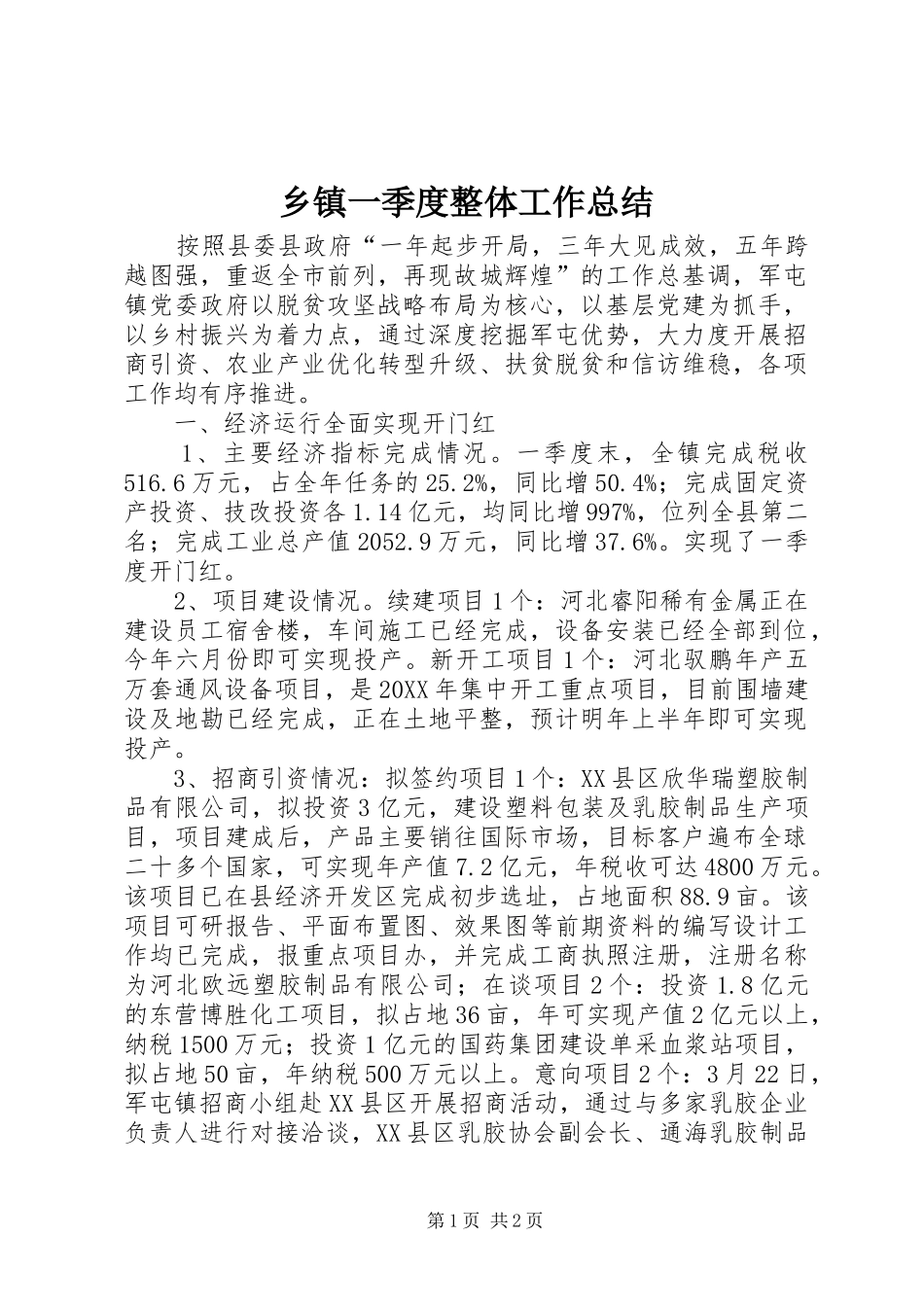 2024年乡镇一季度整体工作总结_第1页