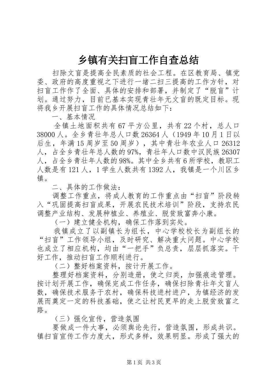 2024年乡镇有关扫盲工作自查总结_第1页