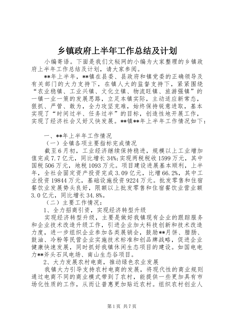 2024年乡镇政府上半年工作总结及计划_第1页