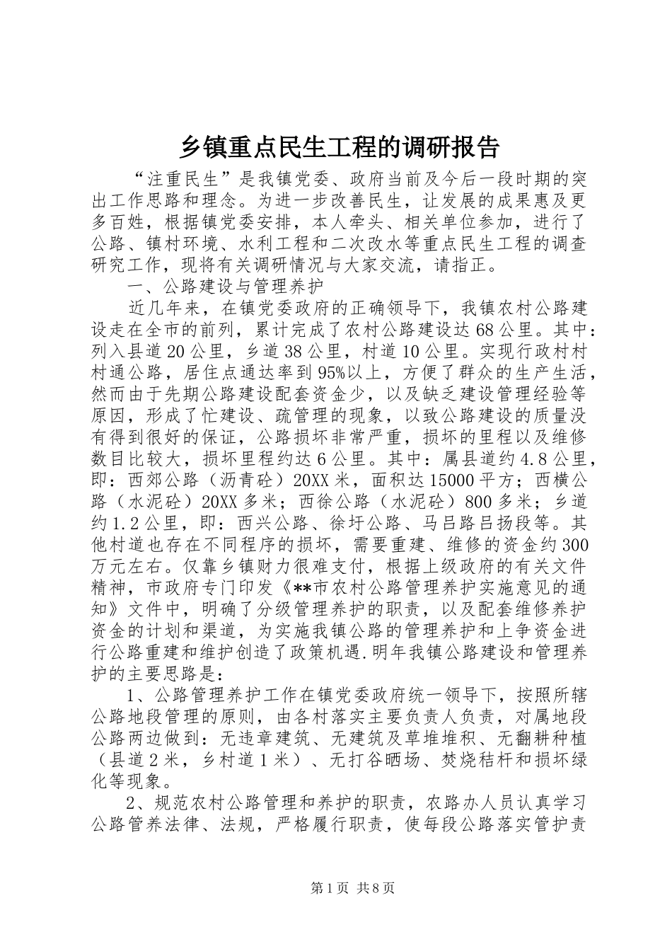 2024年乡镇重点民生工程的调研报告_第1页