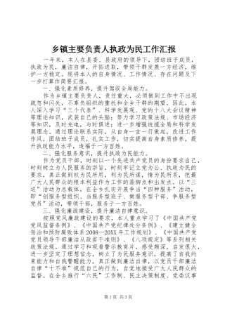 2024年乡镇主要负责人执政为民工作汇报
