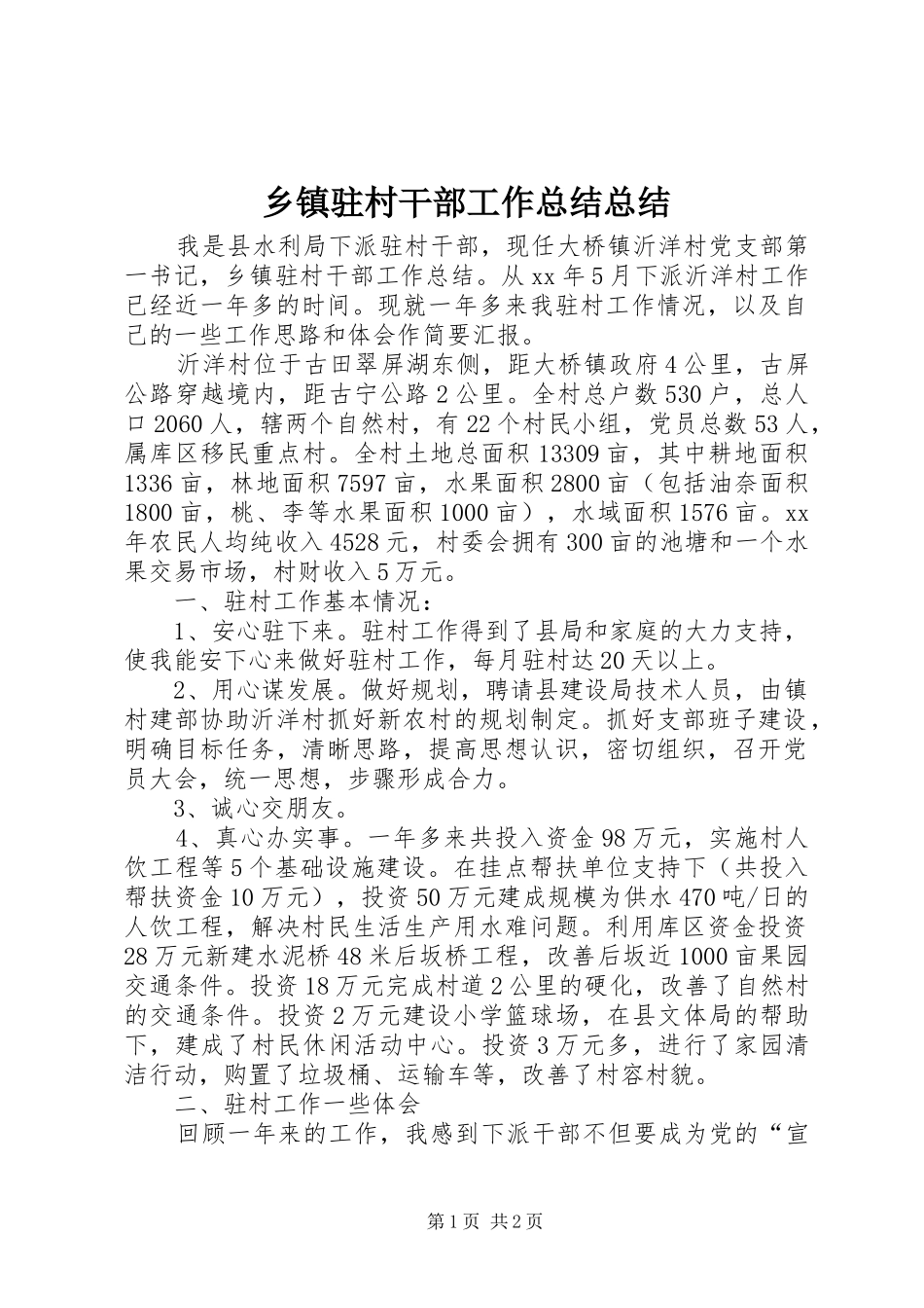 2024年乡镇驻村干部工作总结总结_第1页