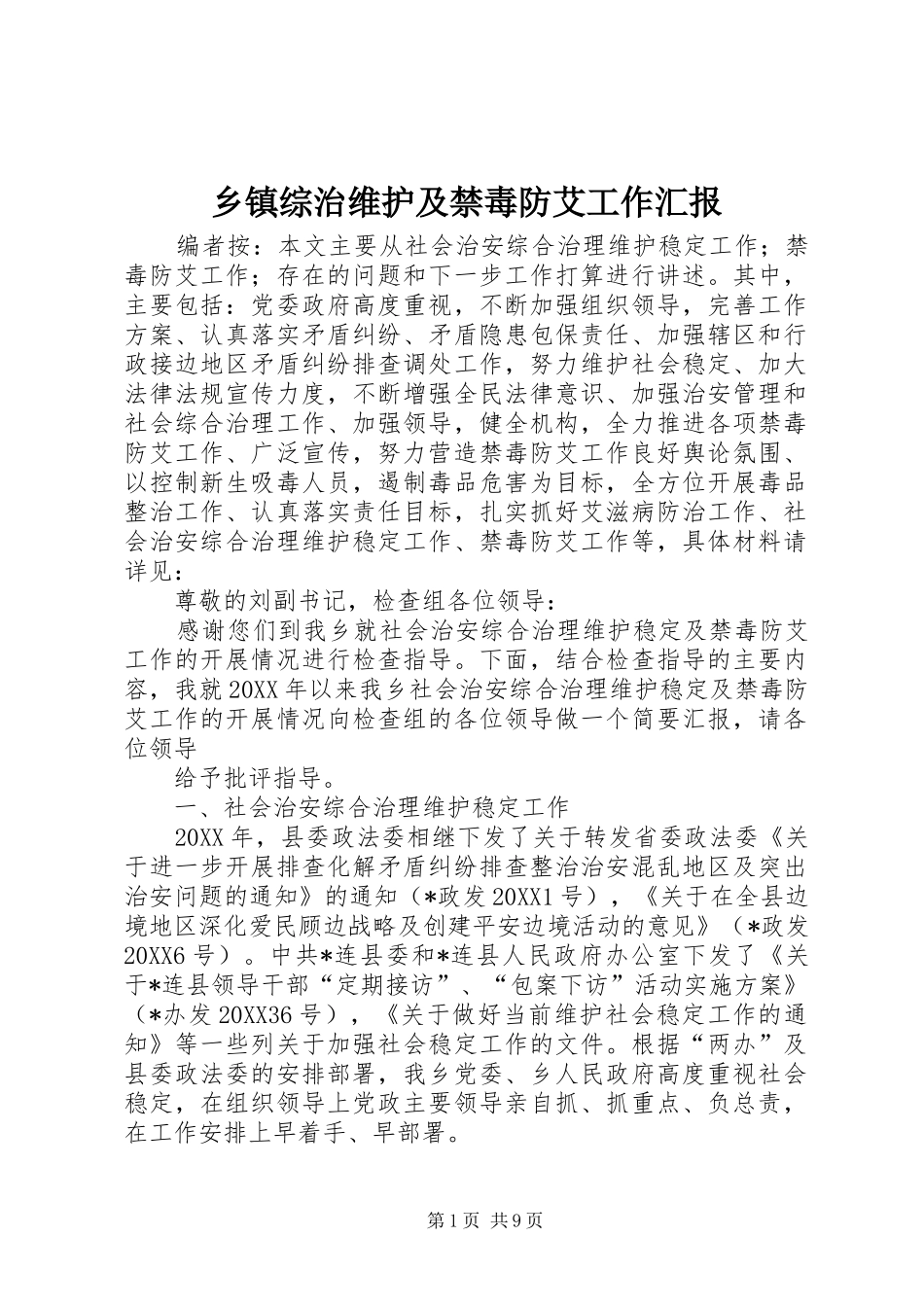 2024年乡镇综治维护及禁毒防艾工作汇报_第1页