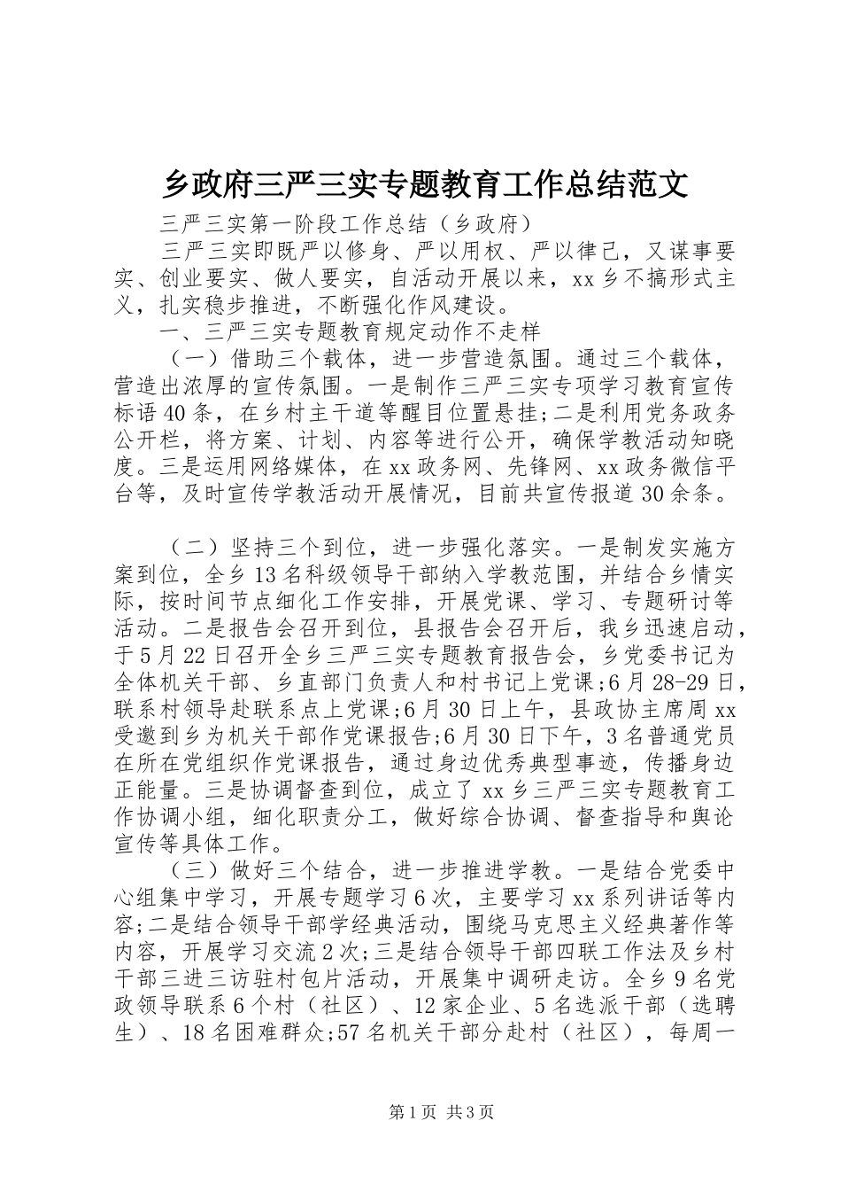 2024年乡政府三严三实专题教育工作总结范文_第1页