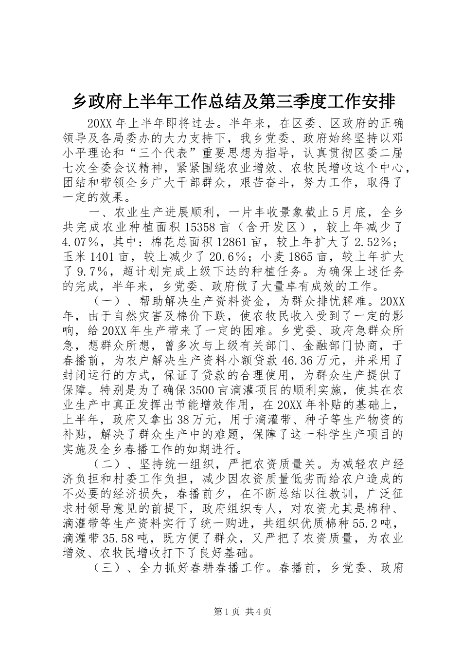 2024年乡政府上半年工作总结及第三季度工作安排_第1页