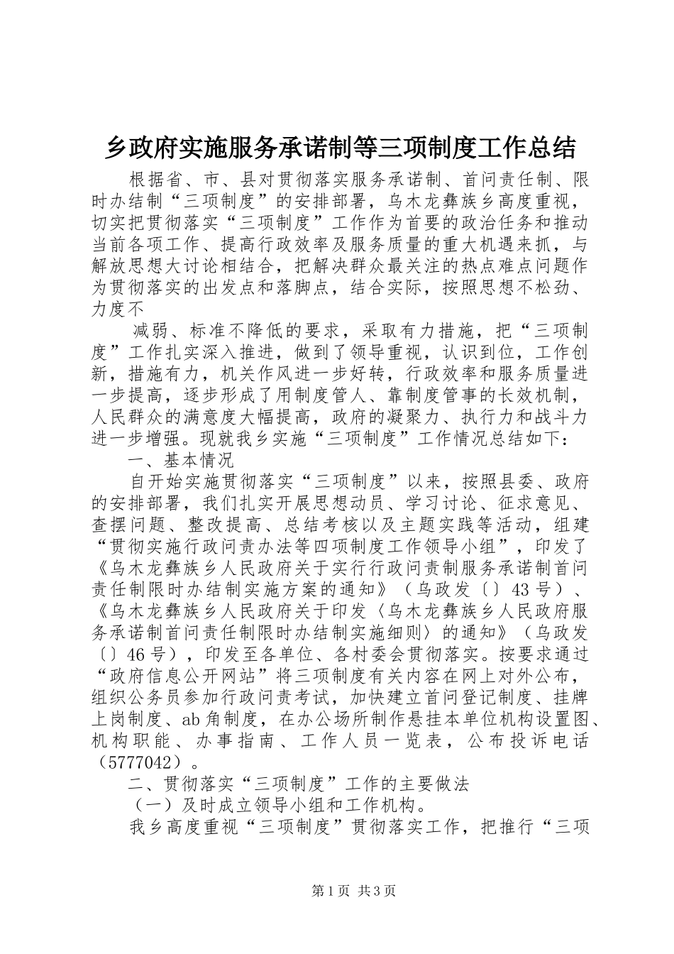 2024年乡政府实施服务承诺制等三项制度工作总结_第1页