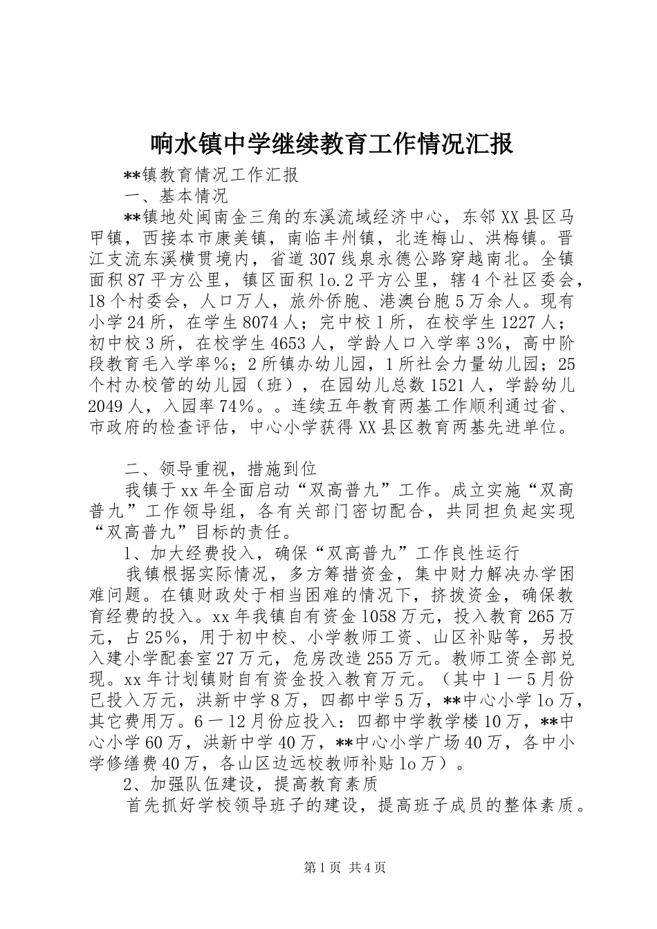 2024年响水镇中学继续教育工作情况汇报_第1页